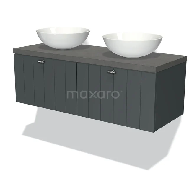 Badmöbel für Waschtischunterschrank mit Konsole 120cm Modulo Plato Dunkelgrau 2 Schubladen Lamelle Dunkelgrauer Beton Platte BMK12-00294 Graue hängende Badmöbelset mit zwei keramischen Aufsatzwaschbecken, moderner Lamellenoberfläche und Softclose-Türen.