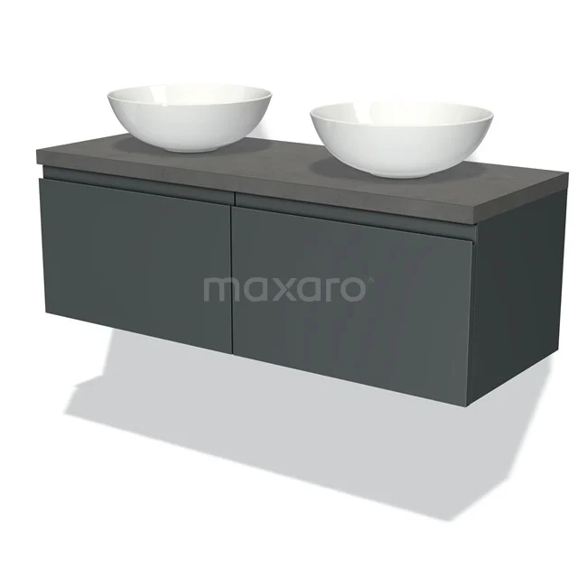 Graue Badmöbel mit Doppelwaschbecken, keramischem Aufsatzwaschbecken, modernem Design und schwebendem Aufbewahrungsschrank.