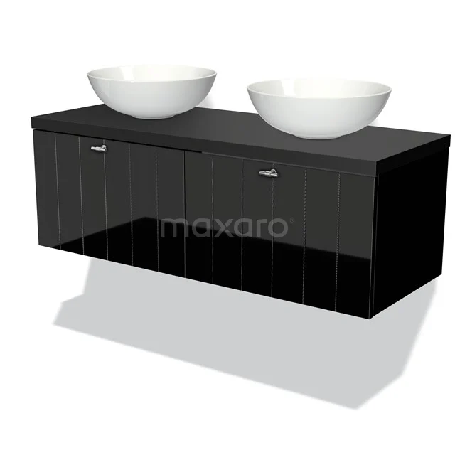 Waschtischunterschrank mit Konsole 120cm Modulo Plato Hochglanz Schwarz 2 Schubladen Lamellen Matt Schwarz Platte BMK12-00297 Schwarze Badmöbelset mit Hochglanzoberfläche, doppelten weißen Aufsatzwaschbecken und zwei Schubladen für praktischen Stauraum.