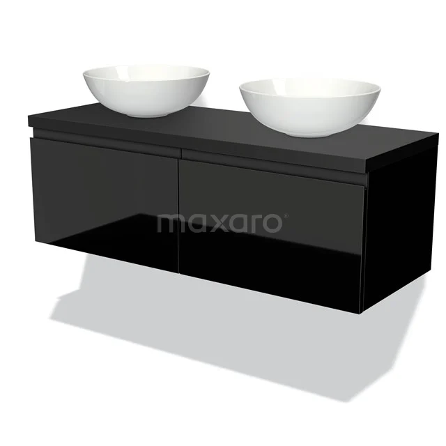 Schwarzes schwebendes Badezimmermöbel mit glänzender Oberfläche, doppelte weiße Aufsatzwaschbecken, modernes Design.