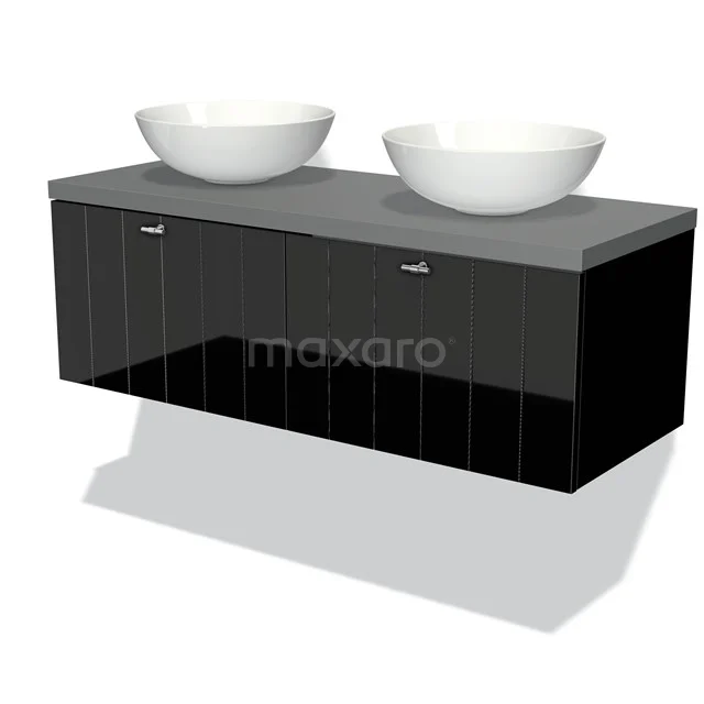 Modulo Plato Vanity units for countertop basin | 120 cm High-gloss black Slat front Mid grey worktop 2 Side-by-side drawers BMK12-00300