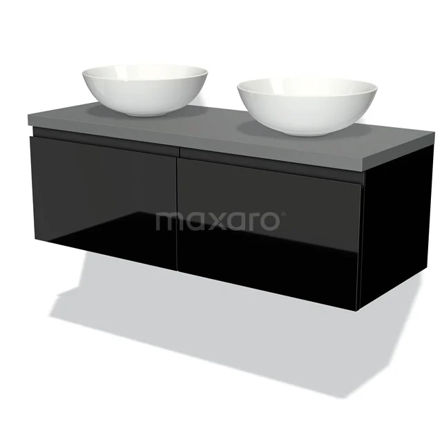 Zweites Badezimmermöbel Schwarz mit Grau Platte, doppelte weiße Aufsatzwaschbecken; modernes Design von Hochglanz Serie.