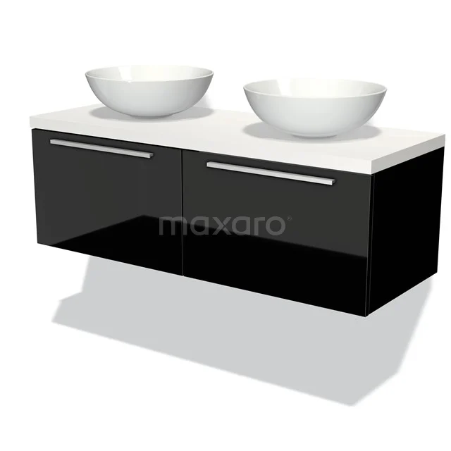 Waschtischunterschrank mit Konsole 120cm Modulo Plato Hochglanz Schwarz 2 Schubladen Flach Matt Weiß Platte BMK12-00305 Schwarzes schwebendes Badezimmermöbel mit doppelten weißen Aufsatzwaschbecken, Hochglanzoberfläche und schnörkellosem modernem Design.