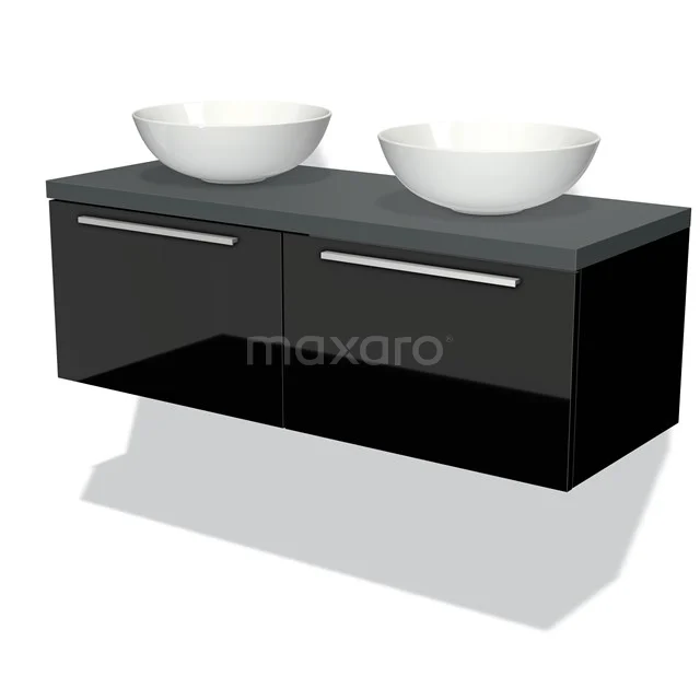 Schwarze Badmöbelset mit zwei weißen Aufsatzwaschbecken, Hochglanzoberfläche und geräumigen Schubladen für ein modernes Badezimmer.