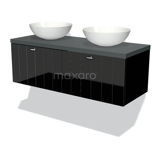 Badmöbel für Aufsatzwaschbecken 120cm Modulo Plato Hochglanz Schwarz 2 Schubladen Lamelle Dunkelgrau Platte BMK12-00309 Schwarze Badmöbelset mit zwei weißen Aufsatzwaschbecken, Hochglanz-Oberfläche und modernem Design, perfekt für stilvolle Bäder.