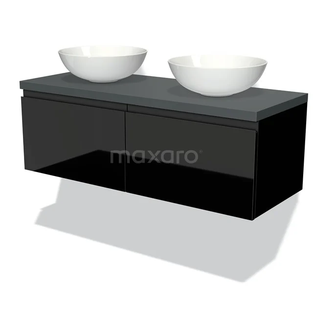 Modulo Plato Vanity units for countertop basin | 120 cm High-gloss black Handle-less front Dark grey worktop 2 Side-by-side drawers BMK12-00310