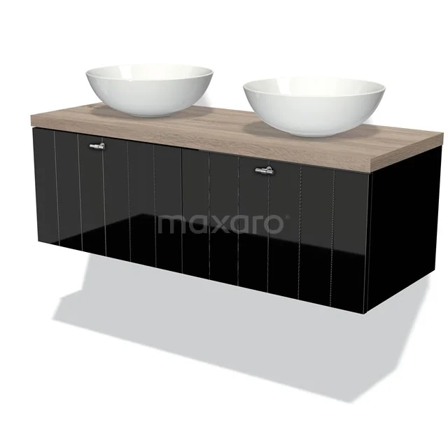 Waschtischunterschrank mit Konsole 120cm Modulo Plato Hochglanz Schwarz 2 Schubladen Geflammte Eiche Platte BMK12-00312 Schwarzes Hochglanz-Badmöbelset mit zweifarbigem Holzblatt und zwei runden weißen Aufsatzwaschbecken, ideal für moderne Bäder.