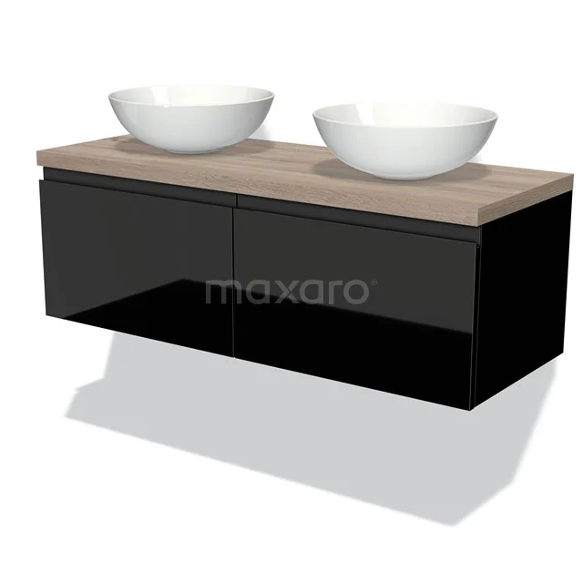Modulo Plato Vanity units for countertop basin | 120 cm High-gloss black Handle-less front Oak worktop 2 Side-by-side drawers BMK12-00313