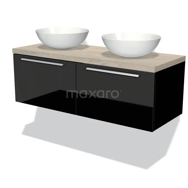 Modulo Plato Vanity units for countertop basin | 120 cm High-gloss black Flat front Light grey oak worktop 2 Side-by-side drawers BMK12-00314