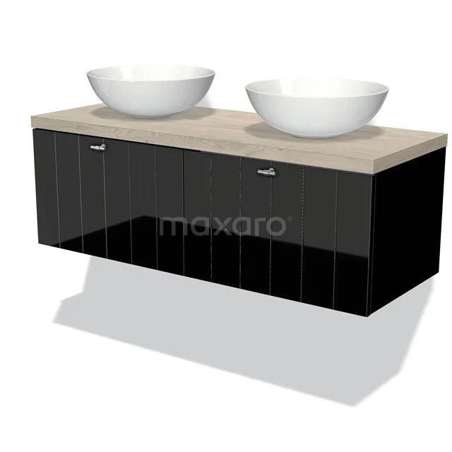 Badmöbel für Aufsatzwaschbecken 120cm Modulo Plato Hochglanz Schwarz 2 Schubladen Lamelle Hellgraue Eiche Platte BMK12-00315 Schwarzes hängendes Badmöbel mit zwei weißen Aufsatzwaschbecken, Holzplatte und modernem Design. Perfekt für Badezimmerinrichtung.