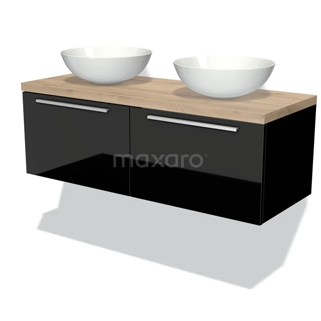 Waschtischunterschrank mit Konsole 120cm Modulo Plato Hochglanz Schwarz 2 Schubladen Flach hellbraune Eiche Platte BMK12-00317 Schwarze Badmöbel aus Hochglanz mit Holzplatte, doppelten weißen Waschbecken und modernen silbernen Griffen.