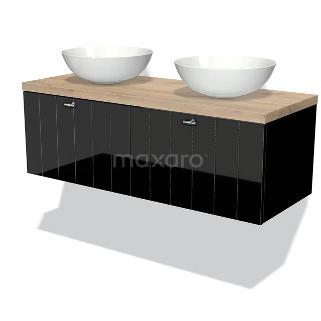 Modulo Plato Vanity units for countertop basin | 120 cm High-gloss black Slat front Light brown oak worktop 2 Side-by-side drawers BMK12-00318