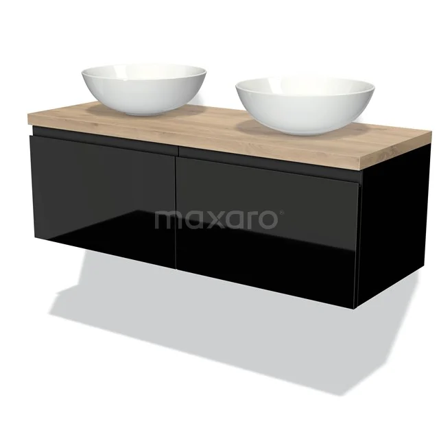 Badmöbel für Aufsatzwaschbecken 120cm Modulo Plato Hochglanz Schwarz 2 Schubladen Grifflos Hellbraune Eiche Platte BMK12-00319 Schwarze Badmöbelset mit zwei weißen Aufsatzwaschbecken, holzfarbener Platte und schnörkellosem modernem Design. Perfekt für luxuriöse Bäder.