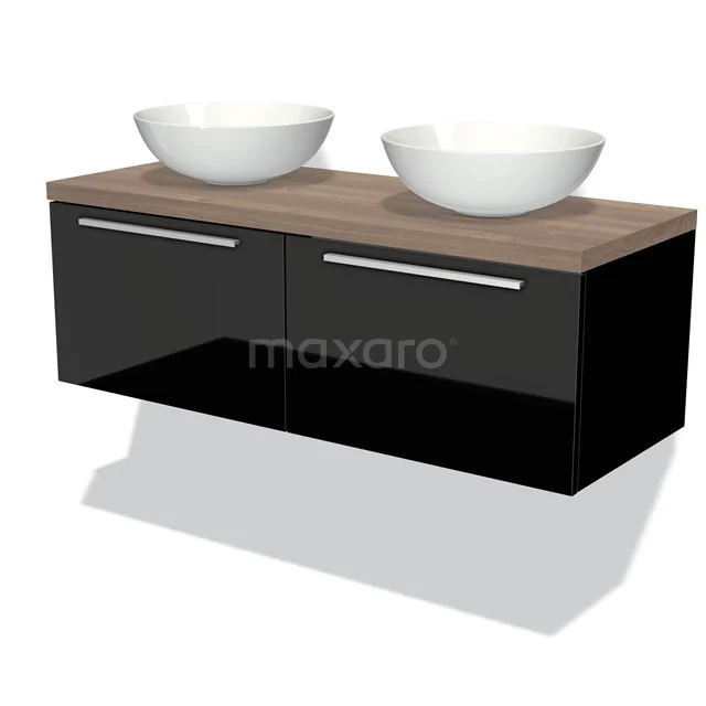 Waschtischunterschrank mit Konsole 120cm Modulo Plato Hochglanz Schwarz 2 Schubladen Flach Mittelbraune Eiche Platte BMK12-00320 Zwevend Schwarz Badmöbel mit Holzlook Platte und doppeltem weißen Waschbecken; modernes Design für ein stilvolles Badezimmer.