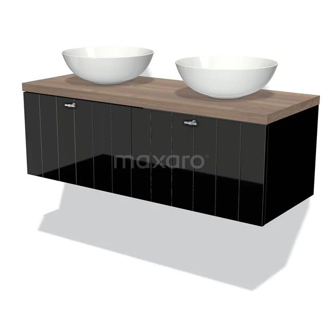 Badmöbel für Aufsatzwaschbecken 120cm Modulo Plato Hochglanz Schwarz 2 Schubladen Lamelle Mittelbraune Eiche Platte BMK12-00321 Schwarzes schwebendes Badezimmermöbelset mit Holzlook Platte und zwei weißen freistehenden Waschbecken; modernes Design.