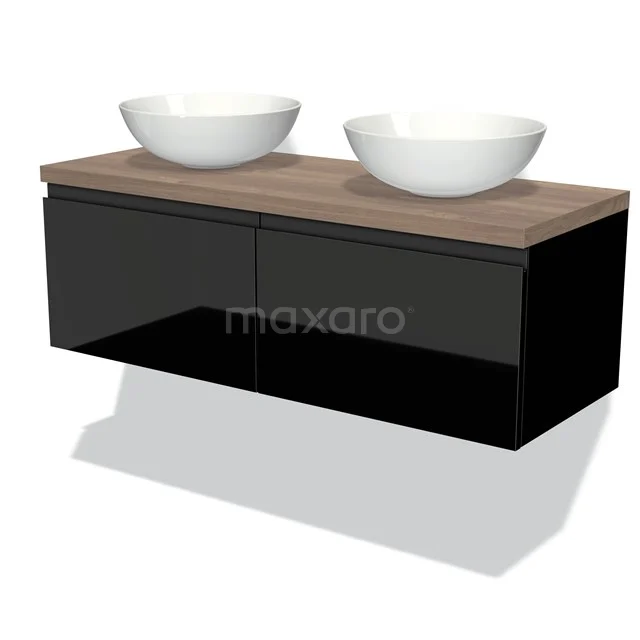 Badmöbel für Aufsatzwaschbecken 120cm Modulo Plato Hochglanz Schwarz 2 Schubladen Grifflos Mittelbraune Eiche Platte BMK12-00322 Schwarze Badmöbelset mit Holzplatte, zwei weißen Aufsatzwaschbecken, modernes Design; perfekt für ein stilvolles Badezimmer-Update.