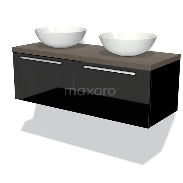 Floating bathroom unit with black high-gloss drawers, wooden worktop and two white bowl-shaped basins.