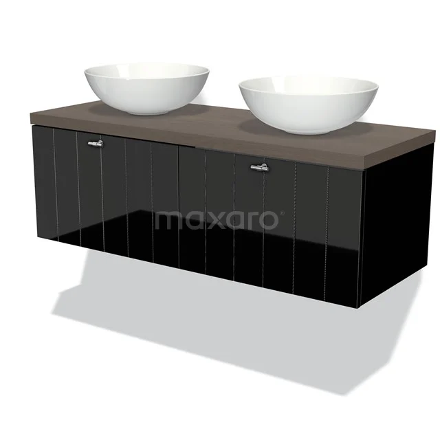 Black wooden floating bathroom cabinet with double white countertop wash basins, modern design and spacious storage drawers.