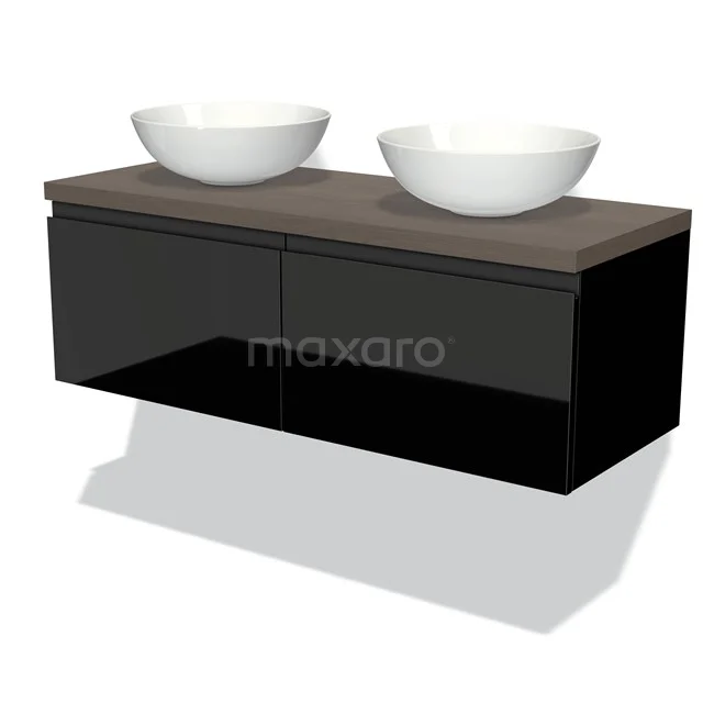 Black floating bathroom furniture set with double white top washbasins and wooden worktop, modern design.