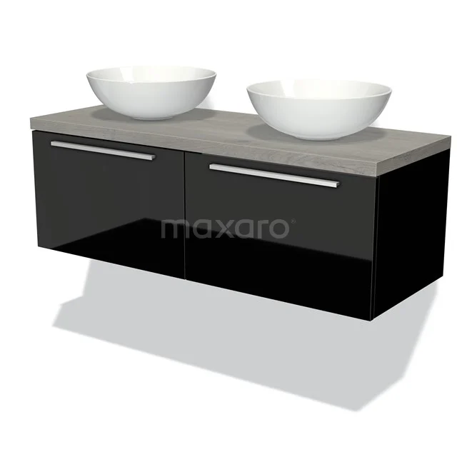 Waschtischunterschrank mit Konsole 120cm Modulo Plato Hochglanz Schwarz 2 Schubladen Flach Graue Eiche Platte BMK12-00326 Zweites Badmöbel mit Schwarz glänzender Korpus, grauer Waschtischplatte und weißen doppelten Aufsatzwaschbecken für moderne Badezimmerstil.