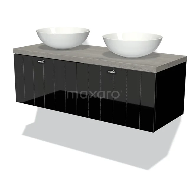 Modulo Plato Vanity units for countertop basin | 120 cm High-gloss black Slat front Grey oak worktop 2 Side-by-side drawers BMK12-00327