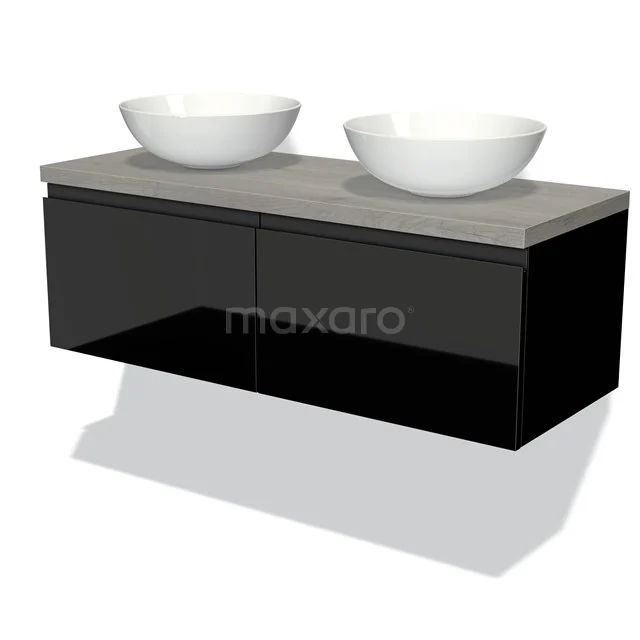 Modulo Plato Vanity units for countertop basin | 120 cm High-gloss black Handle-less front Grey oak worktop 2 Side-by-side drawers BMK12-00328