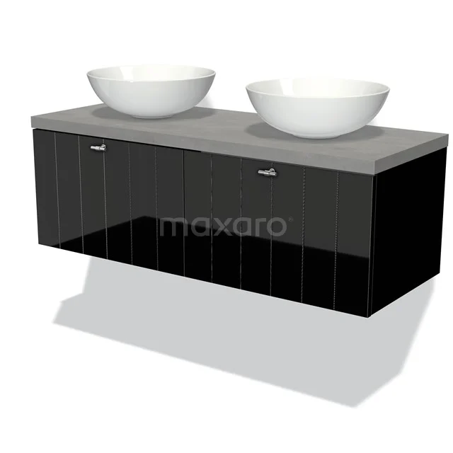 Modulo Plato Vanity units for countertop basin | 120 cm High-gloss black Slat front Light grey concrete worktop 2 Side-by-side drawers BMK12-00330