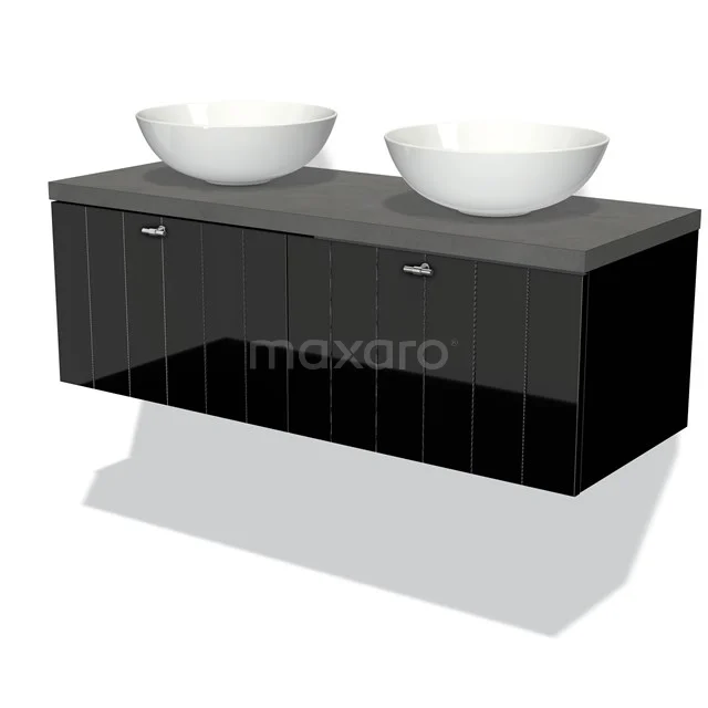 Modulo Plato Badmöbel mit Aufsatzwaschbecken | 120 cm Hochglanz Schwarz Lamelle front Dunkelgrauer Beton blatt 2 nebeneinanderliegende Schubladen BMK12-00333 Schwarzes Holz-Badmöbel mit zwei weißen Aufsatzwaschbecken, moderne Ausstrahlung und großzügigem Stauraum für stilvolle Bäder.