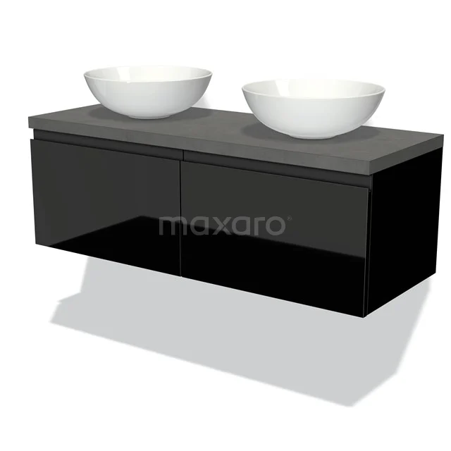 Modulo Plato Vanity units for countertop basin | 120 cm High-gloss black Handle-less front Dark grey concrete worktop 2 Side-by-side drawers BMK12-00334