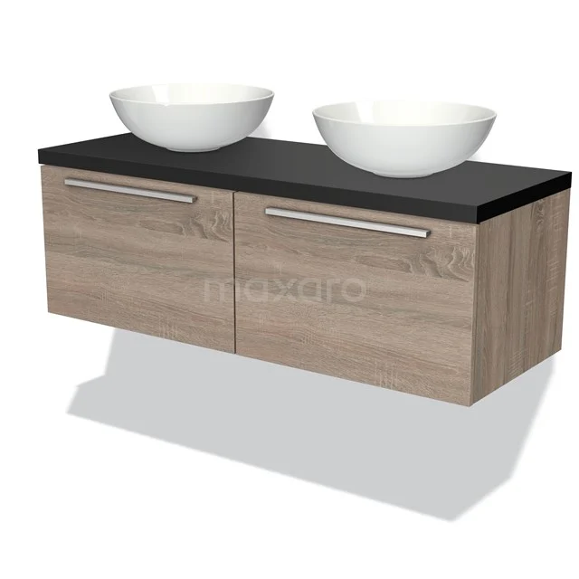 Hölzernes Badezimmermöbel mit zwei Aufsatzwaschbecken, schwarzer Platte und metallischen Griffen; stilvolles Design für ein modernes Badezimmer.