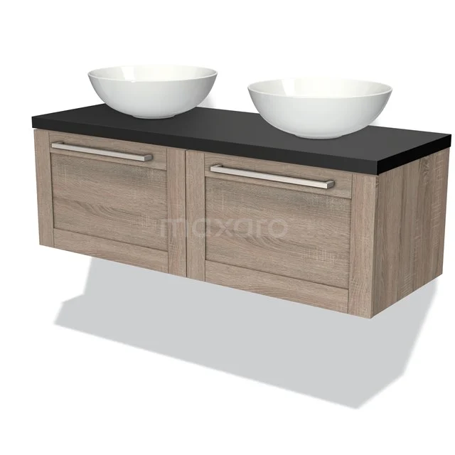 Modulo Plato Vanity units for countertop basin | 120 cm Oak Frame front Matte black worktop 2 Side-by-side drawers BMK12-00336 Wooden bathroom unit with two white vanity units for countertop wash basins, black worktop and modern drawer handles for stylish bathroom design.