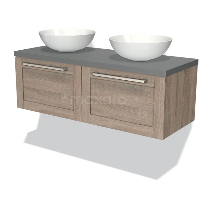 Modulo Plato Vanity units for countertop basin | 120 cm Oak Frame front Mid grey worktop 2 Side-by-side drawers BMK12-00338 Wooden bathroom unit with a grey worktop, two round white countertop wash basins and metal handles; modern and spacious design.