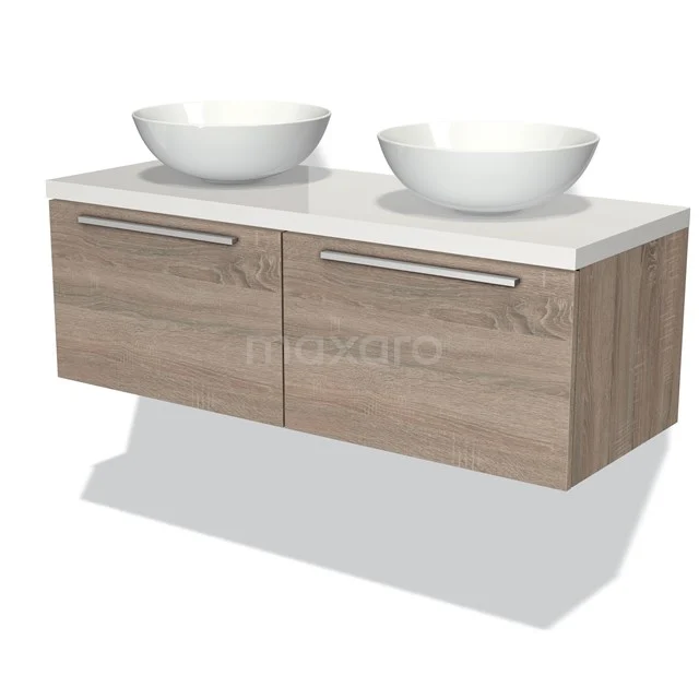 Holz Badezimmermöbel mit doppelten weißen Aufsatzwaschbecken, modernes Design und Ladegriffen, perfekt für stilvolle Badezimmergestaltung.