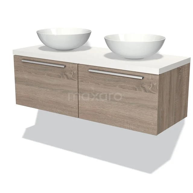 Holz-Badmöbel mit doppeltem Aufsatzwaschbecken, schwebendes Design, moderne Ausführung in einem hellen Holzton, ideal für Badezimmerstil.