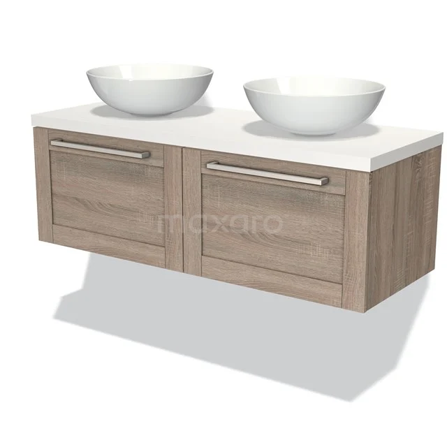 Wooden bathroom unit with two white vanity units for countertop wash basins, hanging design and double storage drawers, perfect for modern bathrooms.