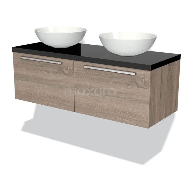 Waschtischunterschrank mit Konsole 120cm Modulo Plato Eiche 2 Schubladen Flach Hochglanz Schwarz Platte BMK12-00345 Hölzernes Badezimmermöbel mit zwei weißen Aufsatzwaschbecken und einer schwarzen Glasplatte, moderne Ausstrahlung und praktisches Design.