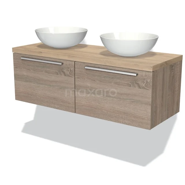 Badmöbel für Waschtischunterschrank mit Konsole 120cm Modulo Plato Eiche 2 Schubladen Flach hellbraune Eiche Platte BMK12-00349 Holz Badezimmermöbel mit 2 weißen Aufsatzbecken, Wandmontage, modernes Design und chromfarbenen Griffen. Perfekt für stilvolle Bäder.