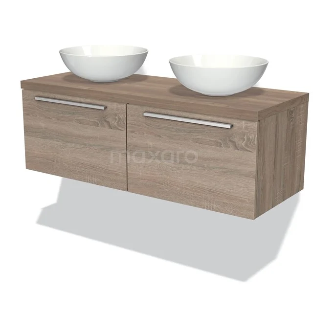 Badmöbel in Holzoptik mit zwei weißen Aufsatzwaschbecken, doppelter Schublade und metallischen Haltegriffen, ideal für einen modernen Badezimmerstil.