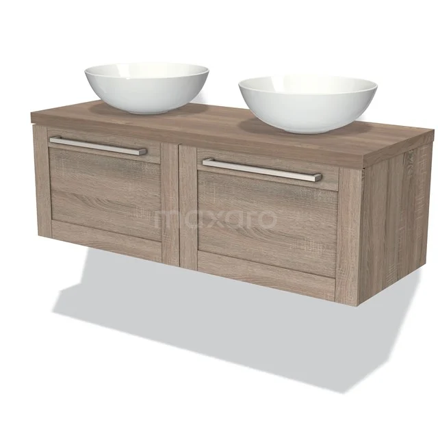 Wooden bathroom unit with two white vanity units with basins, modern design and silver handles, ideal for practical bathroom design.