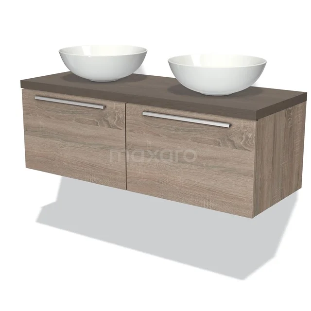 Wooden bathroom unit with two drawers, dark wood colour, Vanity units with basin made of ceramic, modern design for bathroom style.