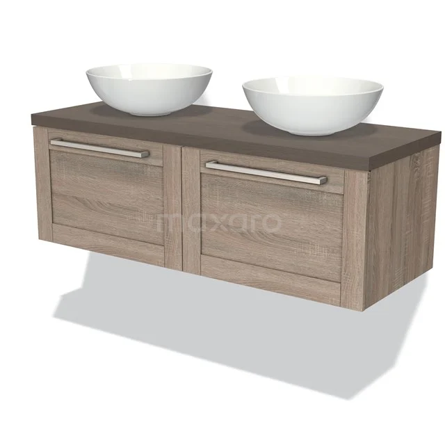 Wooden vanity units with double white basins, modern design and striking metal handles.
