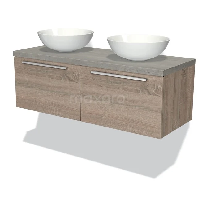 Holz-Badmöbel mit Doppel-Waschtischplatte, keramischen Schalen und grauer Oberfläche; modernes Design für stilvolle Bäder.