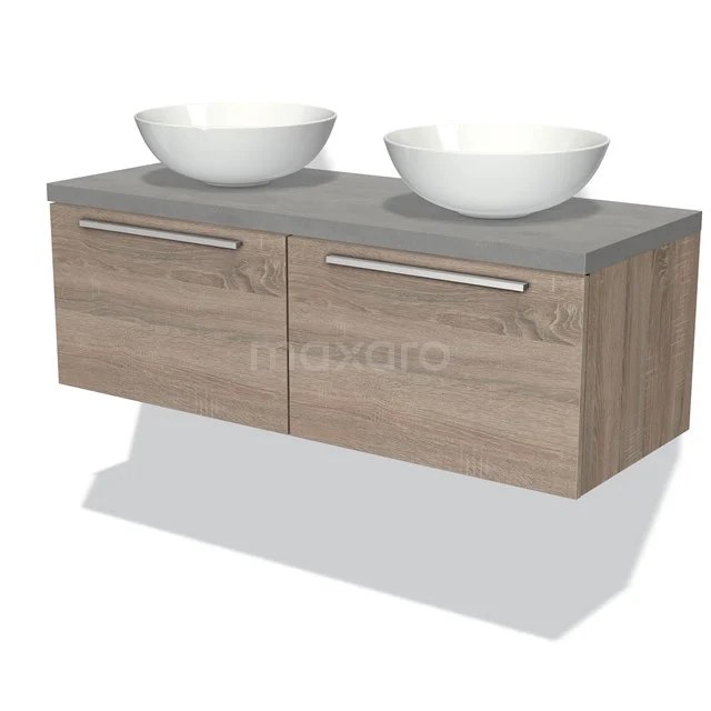 Holz-Badmöbel mit Wandmontage, graue Platte und doppelten weißen Aufsatzwaschbecken, ideal für moderne Badezimmergestaltung.