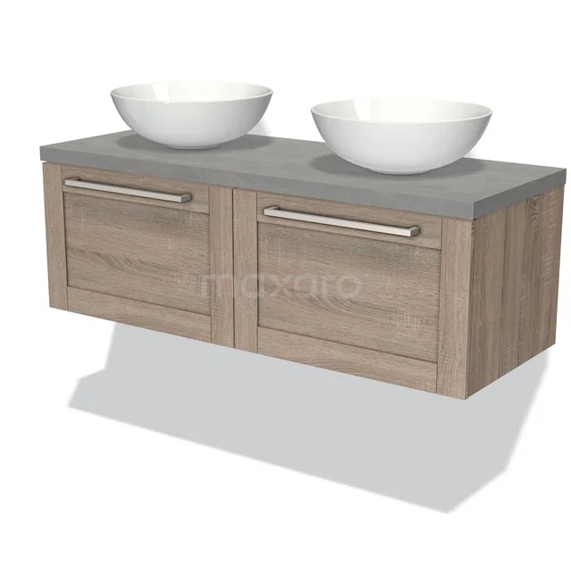 Wooden bathroom unit with double basin, grey worktop and modern, sleek finish for a stylish bathroom.