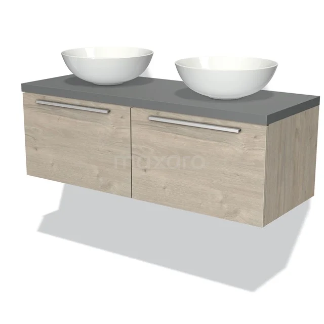 Holz Badezimmermöbel mit Doppelwaschbecken, graue Platte und weißen Schalen; modernes Design ideal für moderne Bäder.