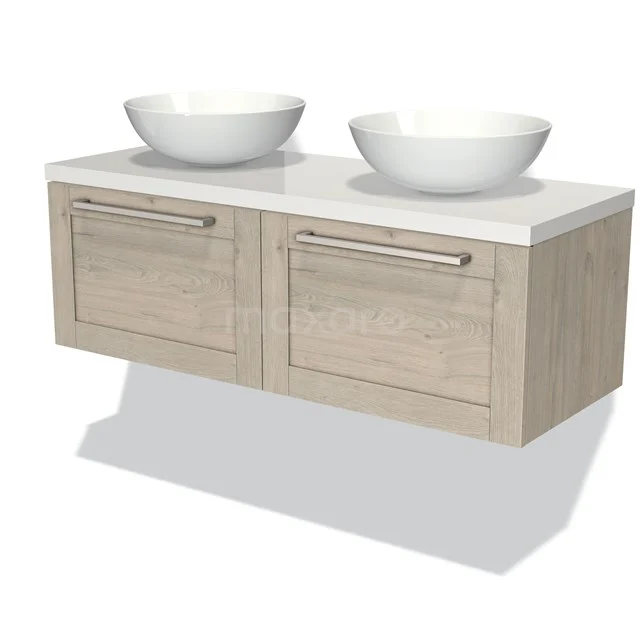 Modulo Plato Vanity units for countertop basin | 120 cm Light grey oak Frame front High-gloss white worktop 2 Side-by-side drawers BMK12-00366 Wooden bathroom unit with two white countertop wash basins, modern wall-mounted, suitable for stylish bathroom design.