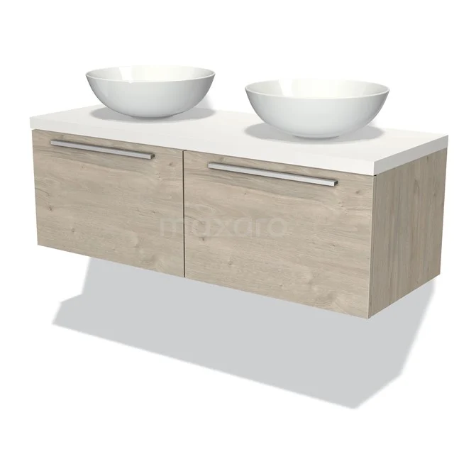 Holz Badezimmermöbel mit zwei weißen Aufsatzwaschbecken, schwebendes Design und moderne Verarbeitung, ideal für ein stilvolles Badezimmer.