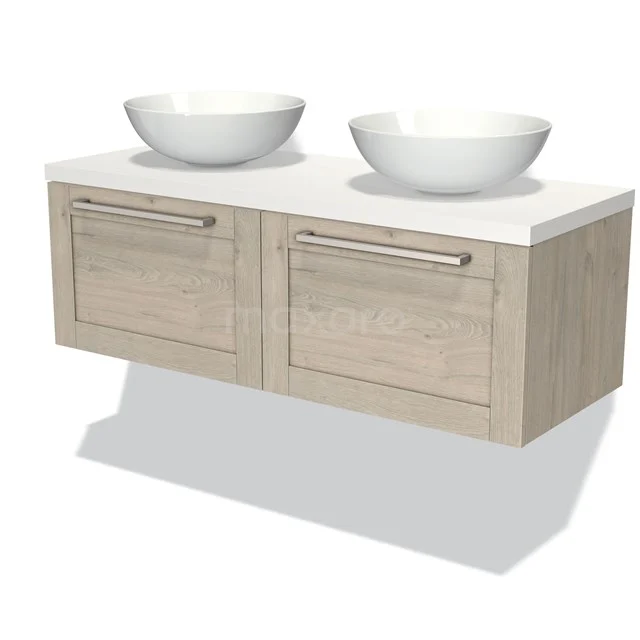 Wooden vanity unit with two white round countertop wash basins, floating design, ideal for modern bathroom design.