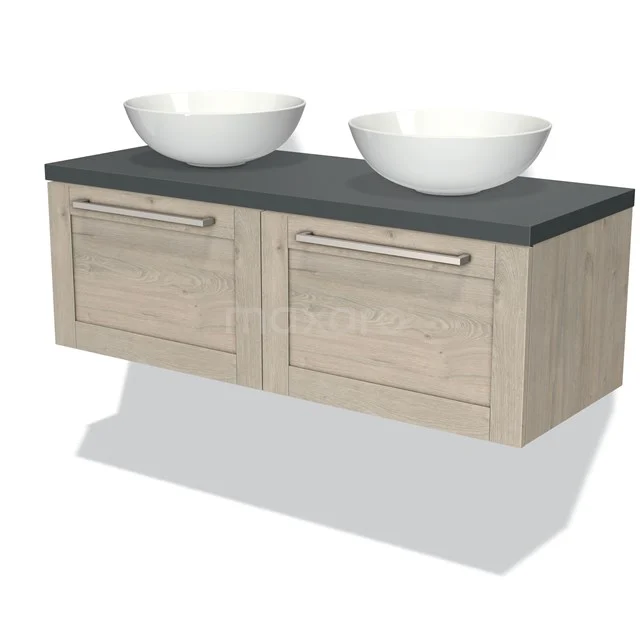 Wooden bathroom unit with grey Basin worktop and two round white basins, modern look for bathroom fittings.