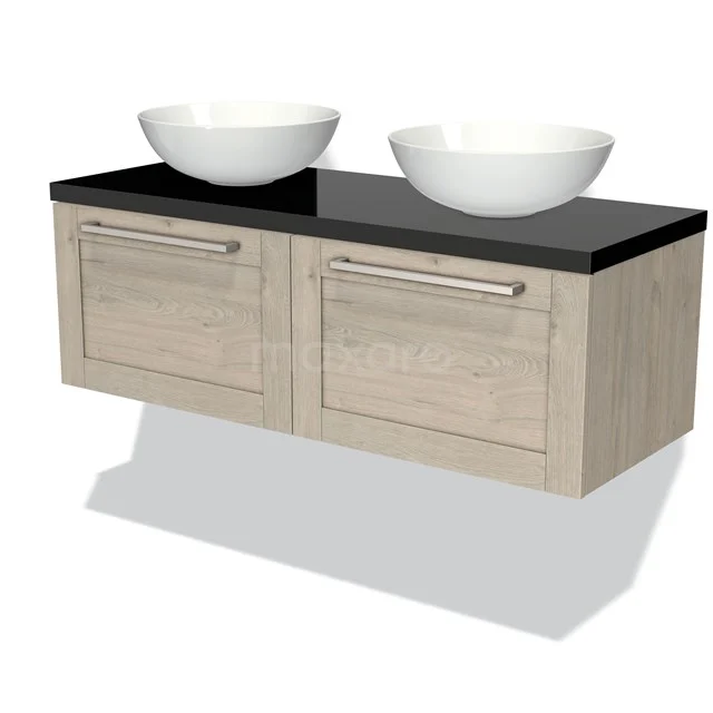 Wooden bathroom unit with black top plate and two white ceramic countertop wash basins, modern design for luxury bathrooms.